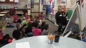 Students answer a question about the book.