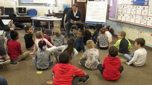 A guest reader talks to the students about his book.