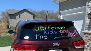 A teacher's decorated car that says "Jefferson kids are the best."