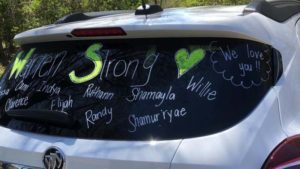The back of a teacher's car saying "Jefferson Strong".