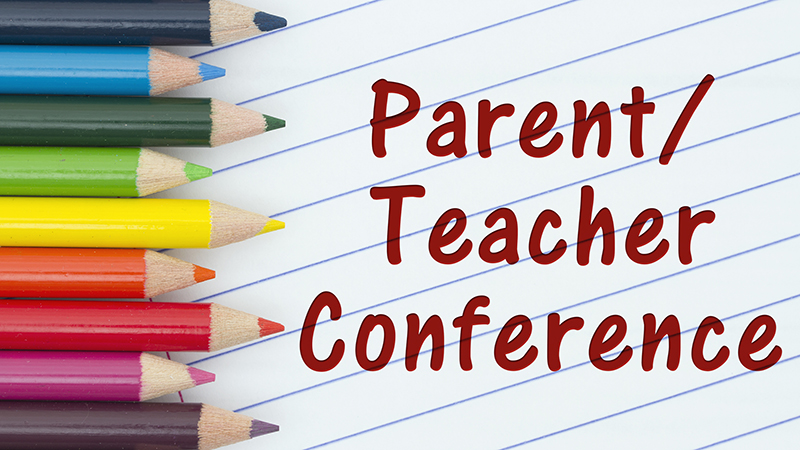 Parent-Teacher Conference Pencil Crayons with loose leaf paper and text Parent-Teacher Conference