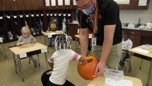 A student reaches into the pumpkin to gather seeds for counting