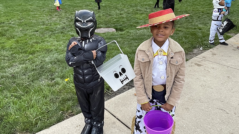 Students dressed up waiting in line.