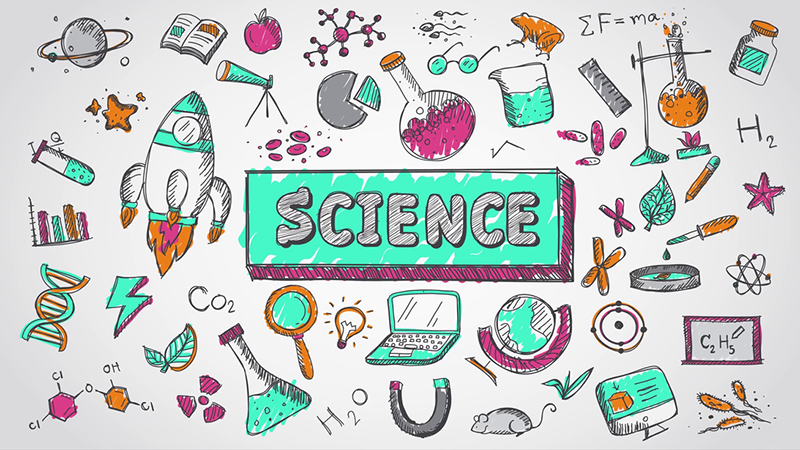 the word science with various science themed clip art surrounding the word.