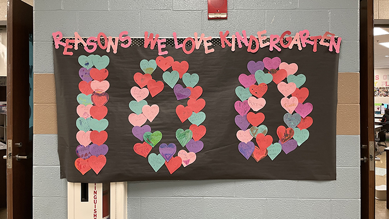 A banner that is covered in hearts announcing 100 reasons we love kindergarten.