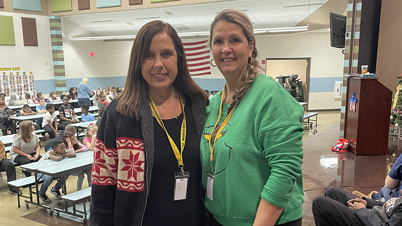 Mrs. Noble and Mrs. Mesaros lead the geography bee.