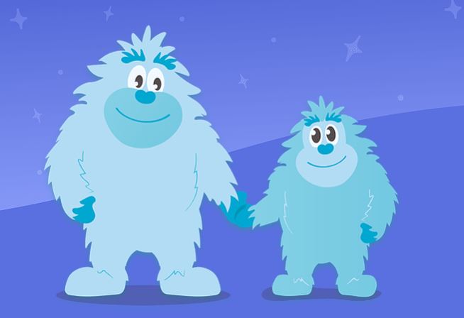 Two blue cartoon Yeti's holding hands