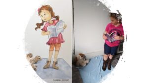 a little girl holding a book looking at stuffed dog in corner