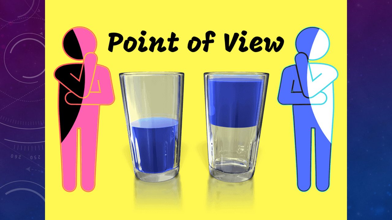 two cups one half full one half empty with a blue and pink figure on either side of glasses