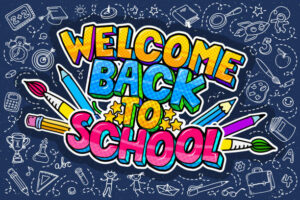 Welcome back to school with pencils, paint brushes, and school items