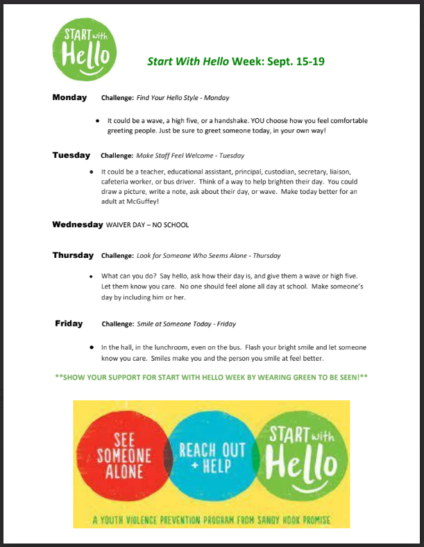 Start with Hello Week September 15-19