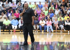Vincent Peterson, keynote speaker, talks to Warren City Schools staff staff at the Aug. 16 district-wide convocation.