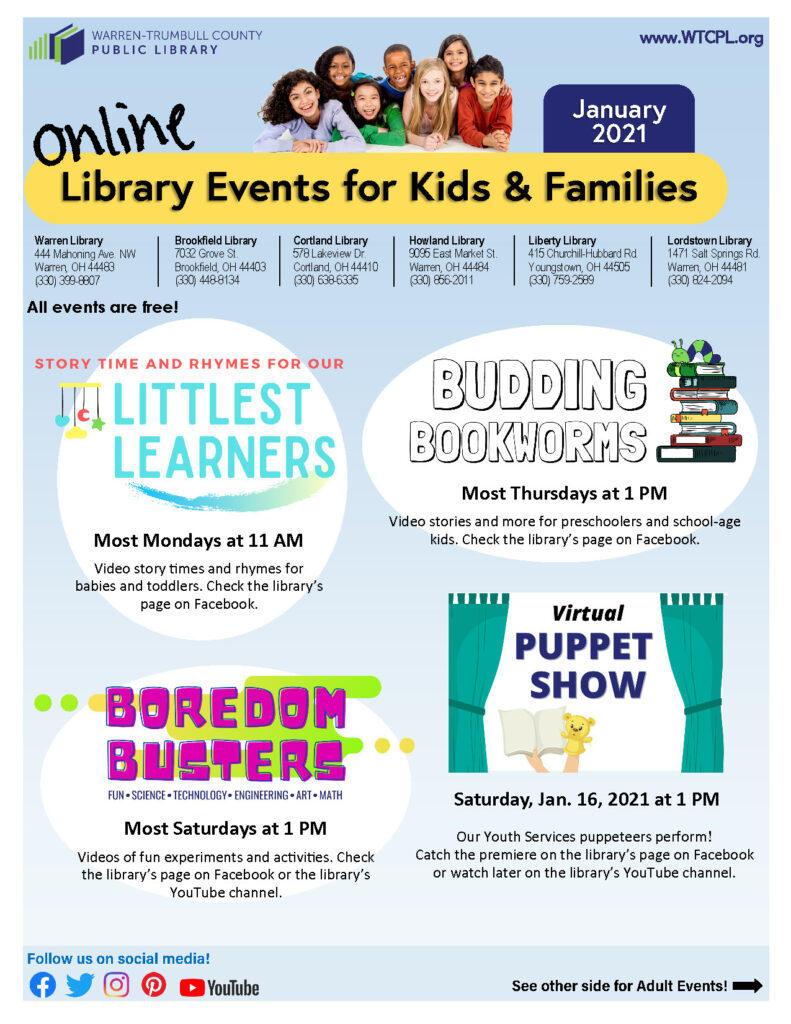 Warren-Trumbull County Public Library's January Online Events Flyer, Pg. 1. Click to read more.