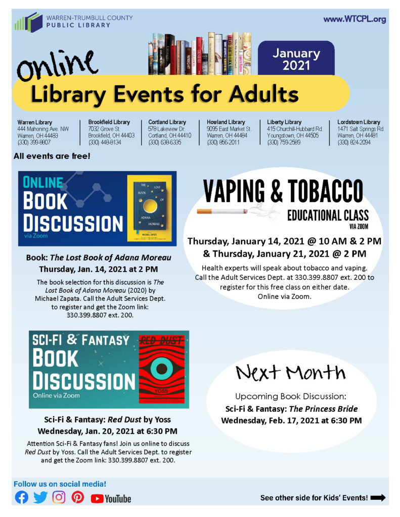 Warren-Trumbull County Public Library's January Online Events Flyer, Pg. 1. Click to read more.