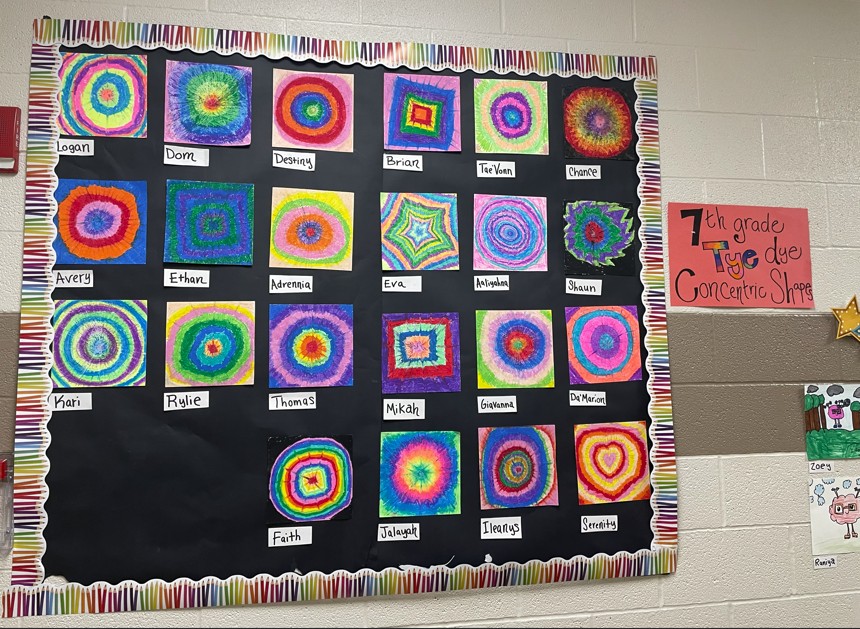 Amazing 7th grade artwork displayed in the halls.
