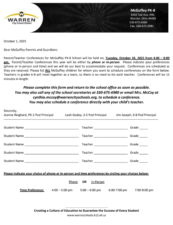 Parent Teacher Conferences: October 28, 2025
