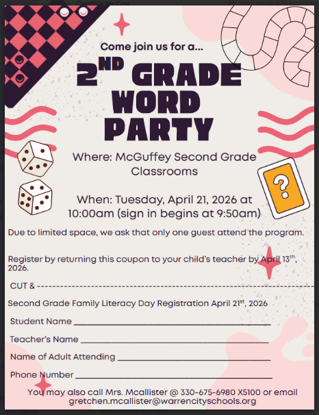 2nd Grade Game Day Invitation, April 21st