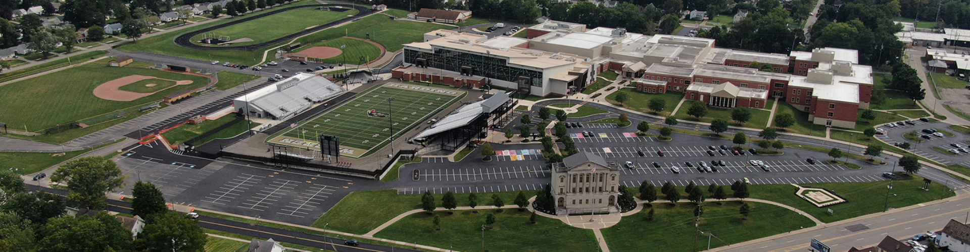 A photo of Warren G. Harding High School from a drone